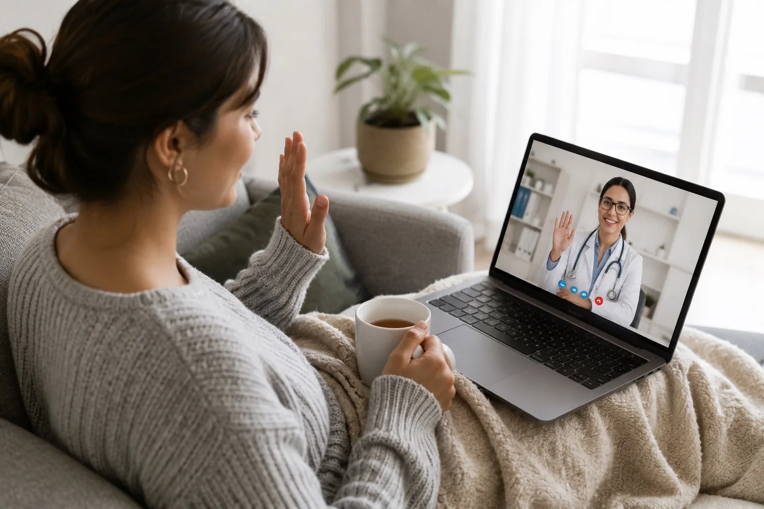A woman relaxing on her couch with a cup of tea, waving to her doctor during a video visit on her laptop